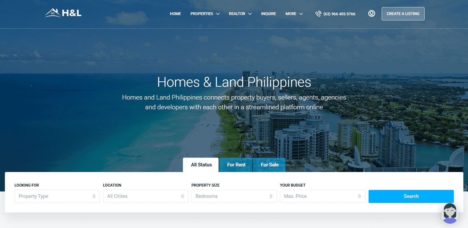 Screenshot of the HomesAndLand.ph homepage – a new real estate website in the Philippines for buying, selling, and renting properties.